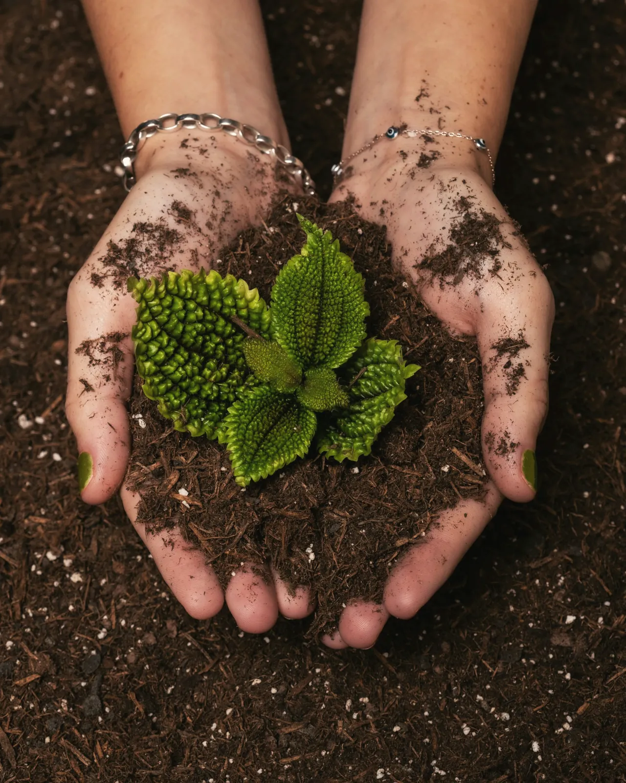 Two hands holding soil with a young plant